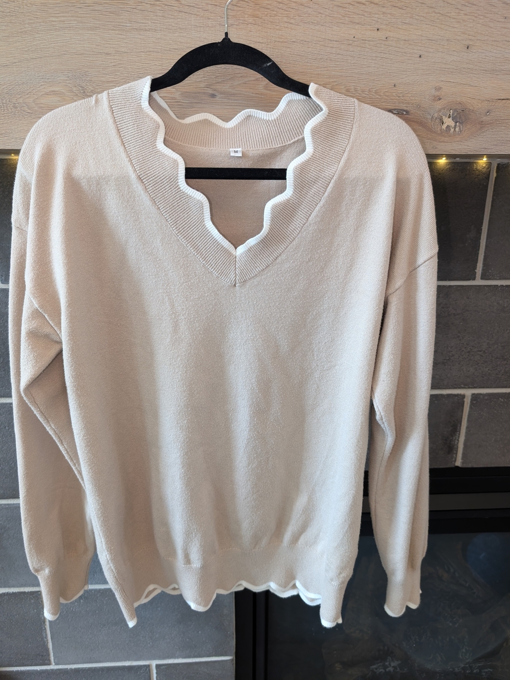 Beige V-Neck Men’s Sweater with Scalloped Trim
